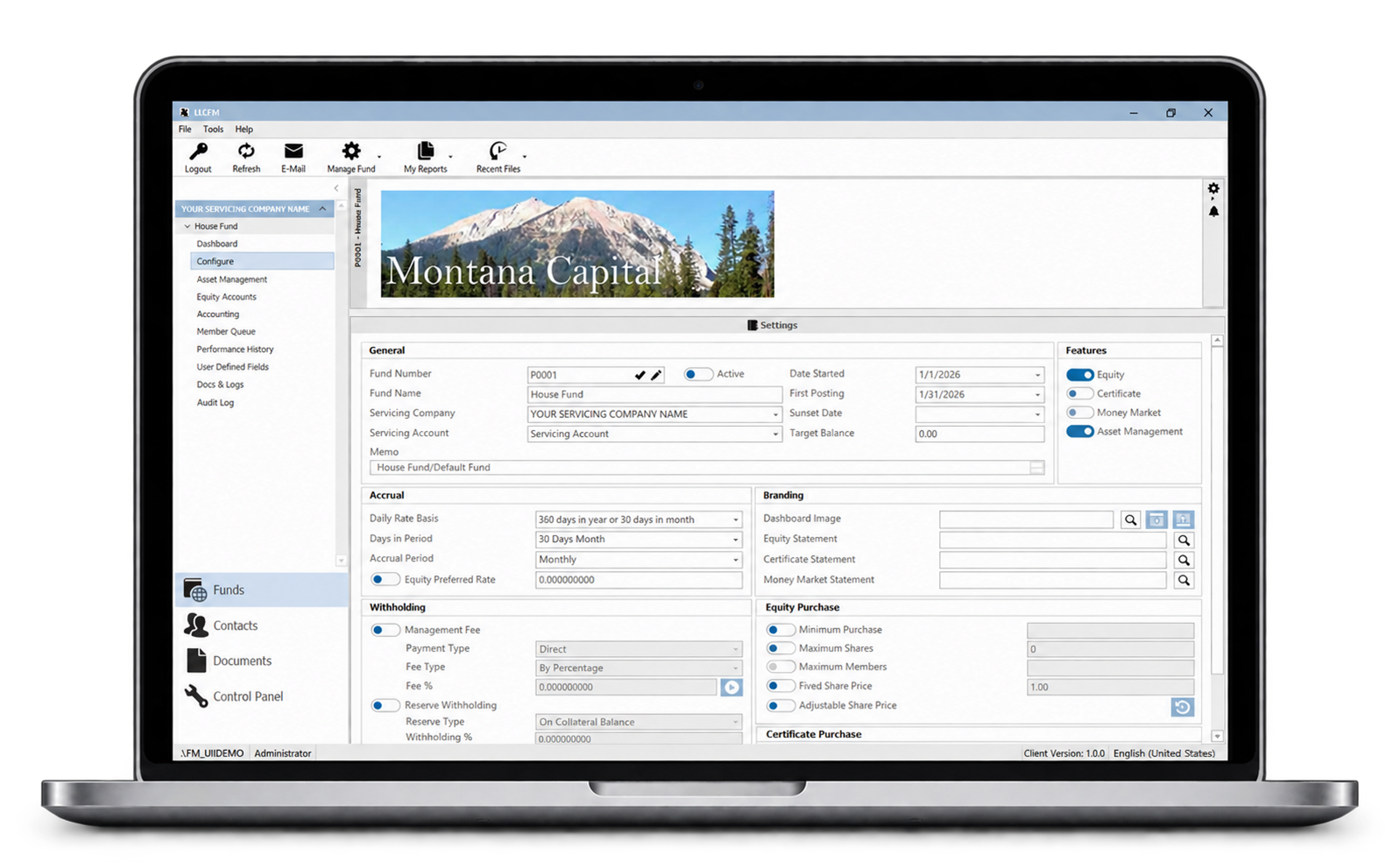 Snowblind fund management application displayed on a laptop